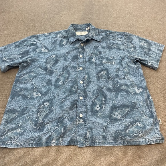 Cinch Jeans Shirt Mens Medium Blue Fish Print Western Koi Camp Cotton Button Up - Picture 1 of 9
